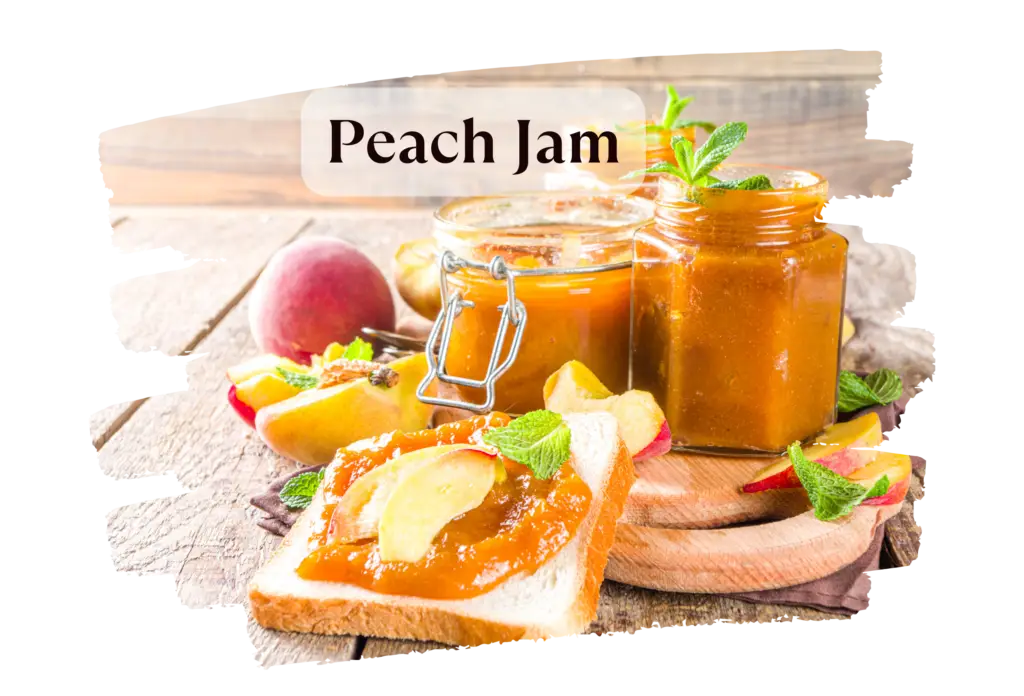 Homemade peach jam in glass jars with metal clasps alongside a slice of toast spread with jam, garnished with fresh peach slices and mint leaves, all arranged on a rustic wooden table.