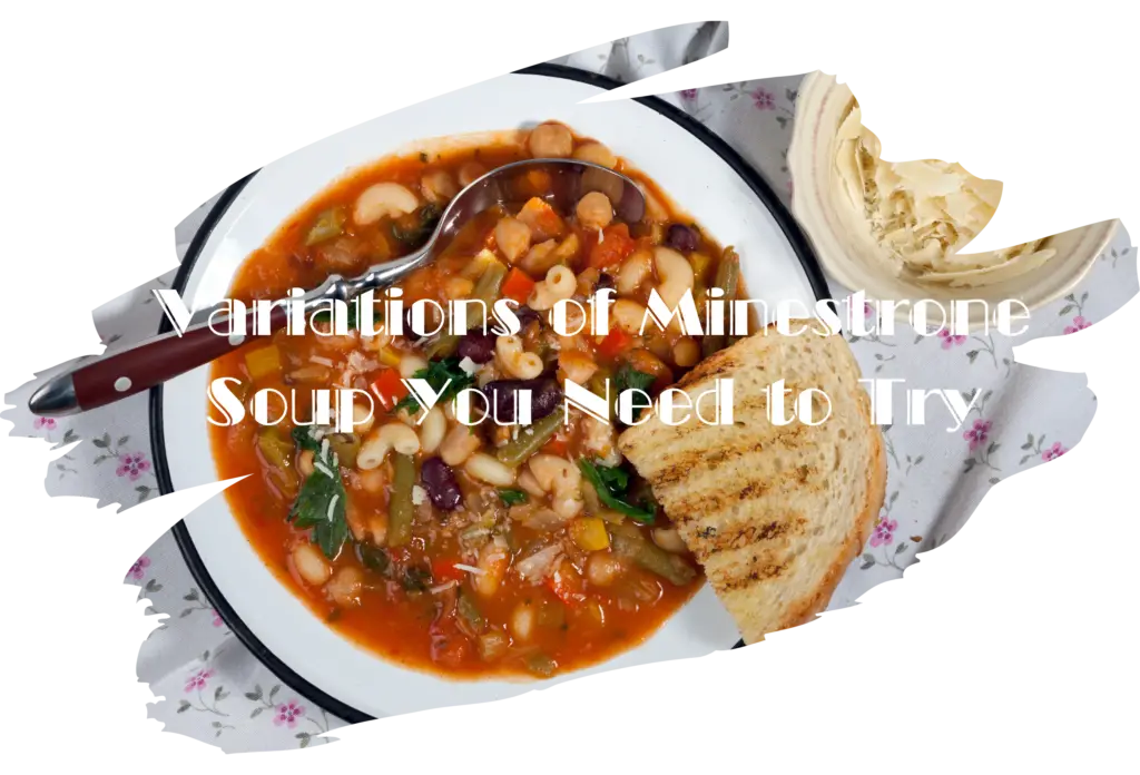 A bowl of minestrone soup with pasta, beans, and vegetables, served with a slice of toasted bread.