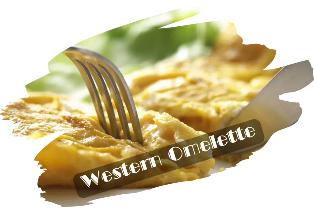 Close-up of a fluffy Western omelette with a fork poised to take a bite, presented in an artistic jagged-edge frame with white text overlay reading 'Western Omelette'.