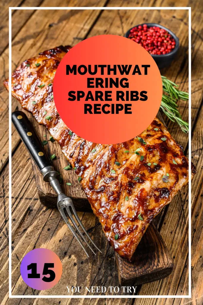 Glazed spare ribs on a wooden cutting board with a meat fork, fresh herbs, and red peppercorns, featuring a red circular overlay with text "MOUTHWATERING SPARE RIBS RECIPE" and the number "15" in a smaller circle.