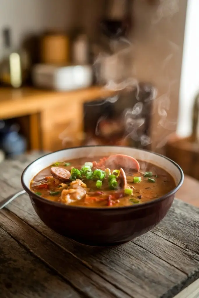 A steaming bowl of gumbo with sliced sausage and green onion garnish, set on a wooden surface with steam visibly rising from the hot dish.