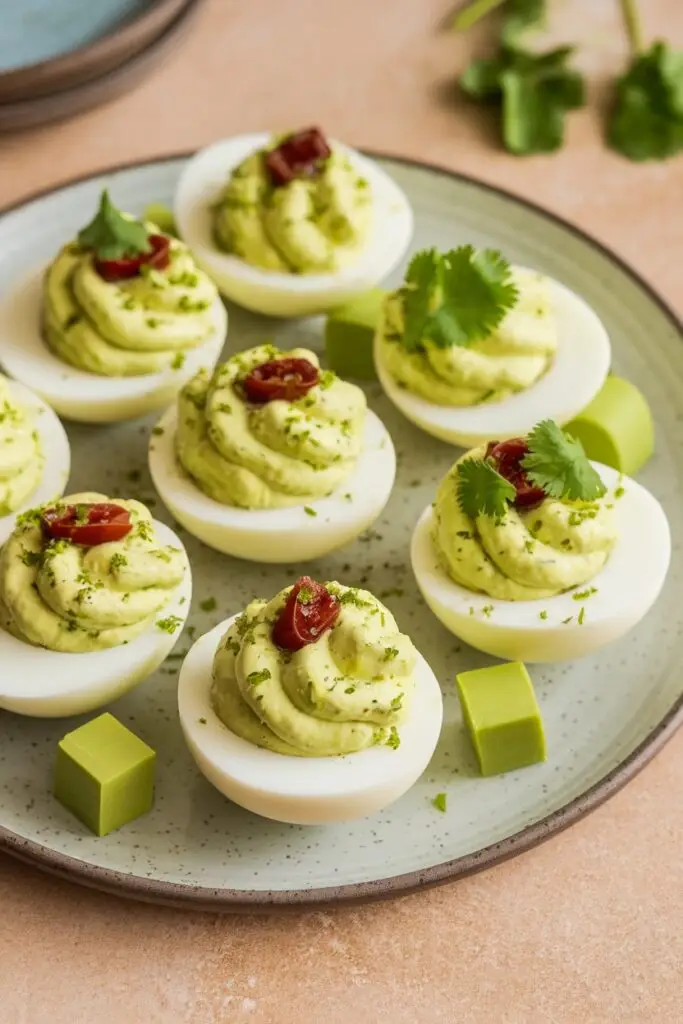 Avocado-green deviled eggs garnished with red pepper pieces and fresh herbs arranged on a pale green ceramic plate with decorative lime-green cubes.