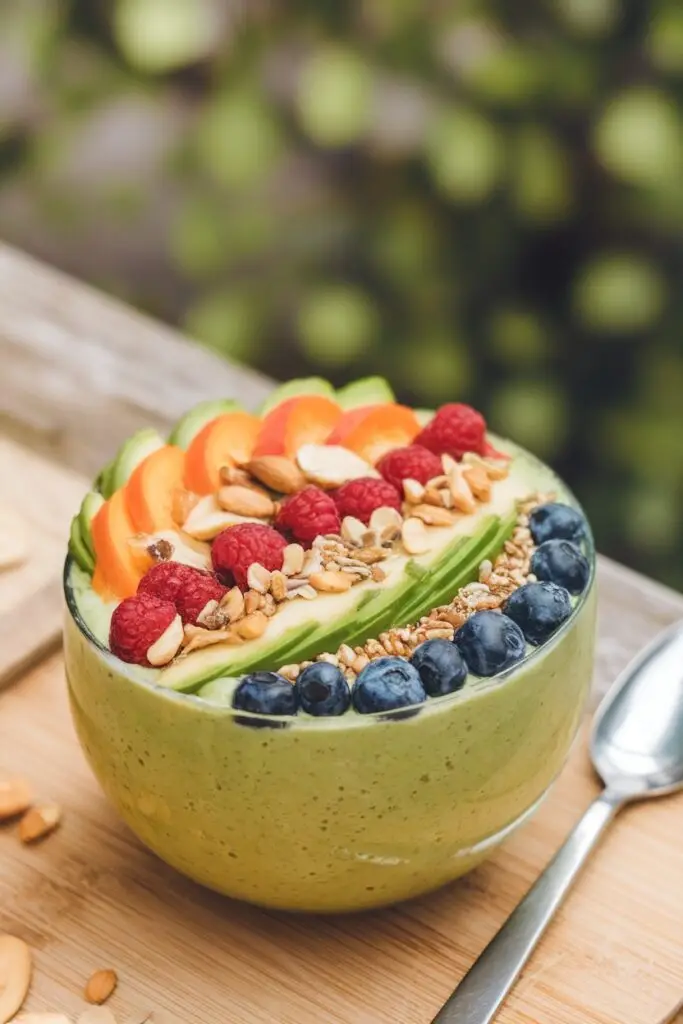 Vibrant green avocado smoothie bowl served in a hollowed avocado shell, beautifully topped with sliced apricots, fresh raspberries, blueberries, and a sprinkle of nuts and seeds on a wooden serving board.