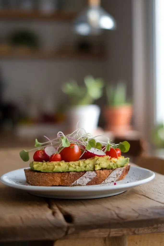 Elegant avocado toast on sourdough bread topped with cherry tomatoes, thinly sliced radishes, and fresh microgreens, served on a white plate atop a rustic wooden table with a soft-focus kitchen background.