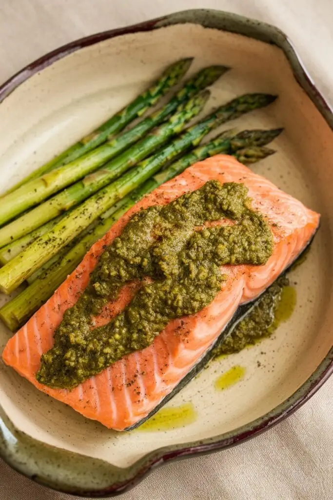 A tender baked salmon fillet coated with flavorful pesto sauce, served with roasted asparagus on a rustic plate.