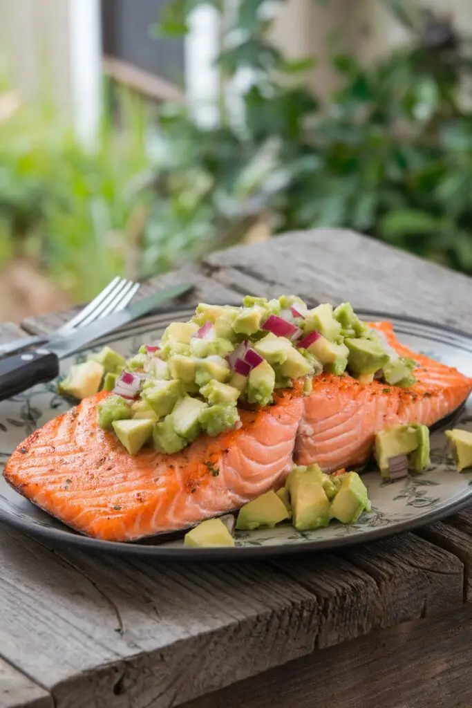 Perfectly grilled salmon fillet topped with chunky avocado and red onion salsa on a rustic plate. A delicious alternative to Easter ham recipes for your holiday table.