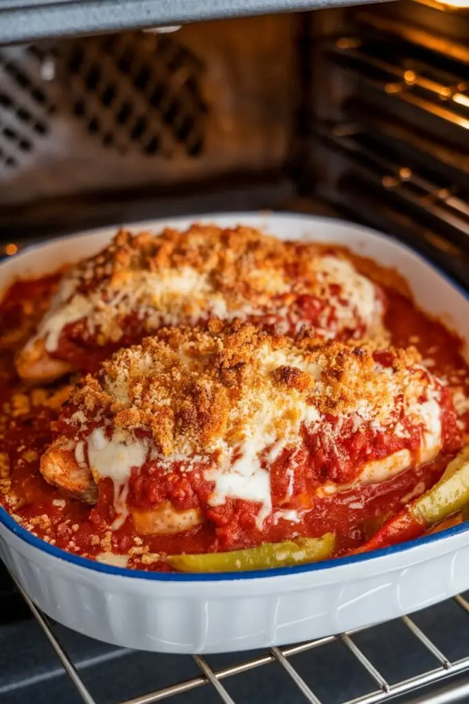 Chicken Parmigiana recipe baking in the oven, showing breaded chicken cutlets with marinara sauce, melted cheese, and golden breadcrumb topping in a white ceramic baking dish