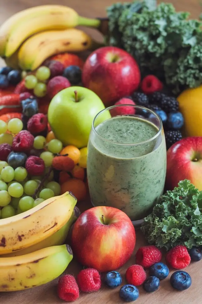 Vibrant green kale smoothie in a clear glass surrounded by fresh bananas, apples, berries, grapes, and leafy kale, showcasing perfect ingredients for nutritious green smoothie recipes.
