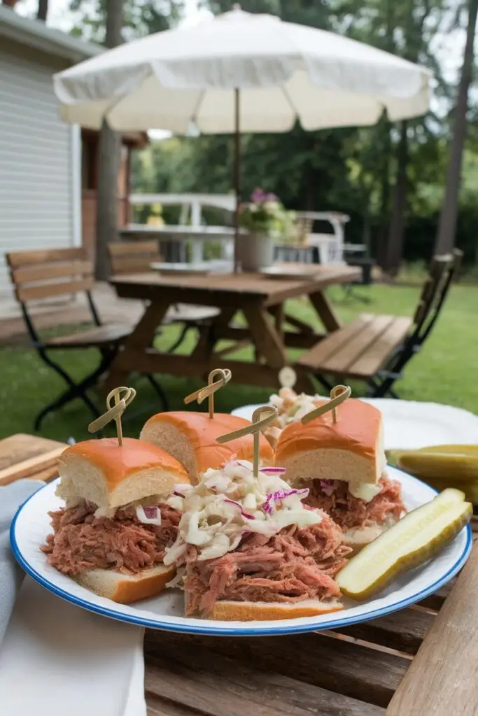 Four pulled pork sliders with coleslaw on soft buns secured with wooden picks, served on a white plate with a pickle spear, set on an outdoor picnic table with patio umbrella in the background.