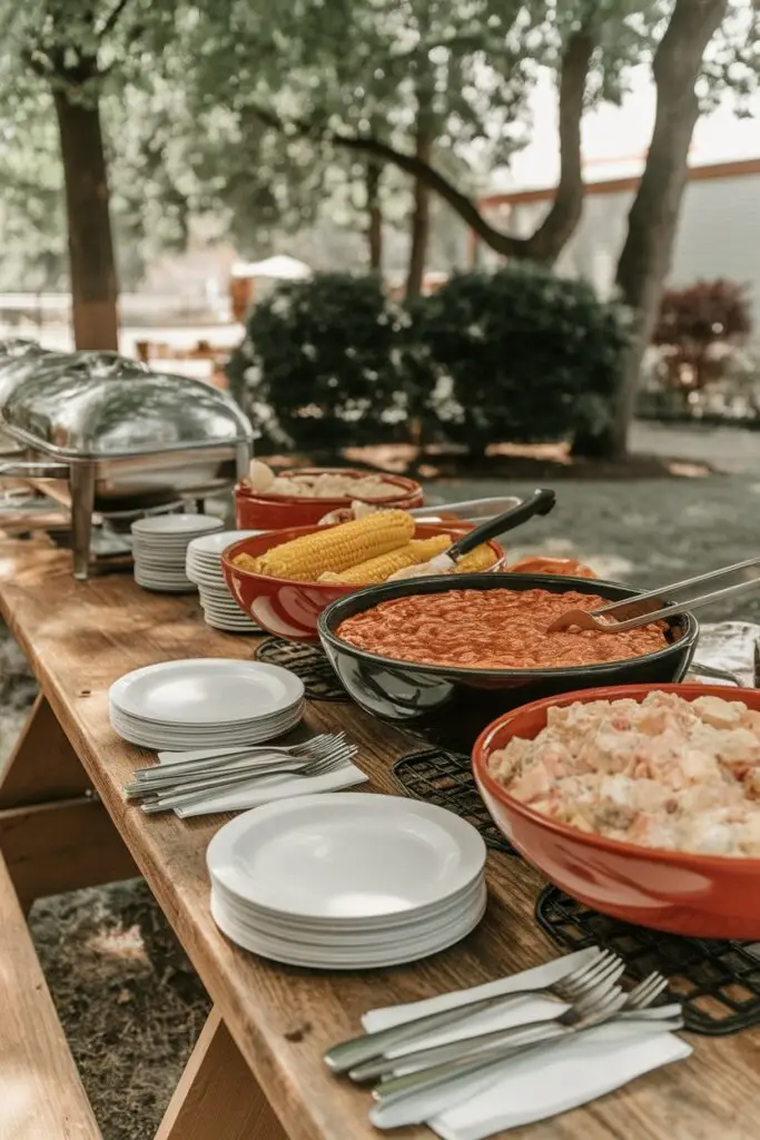 A rustic wooden table filled with classic BBQ side dishes like baked beans, coleslaw, corn on the cob, and potato salad, set in an outdoor garden.