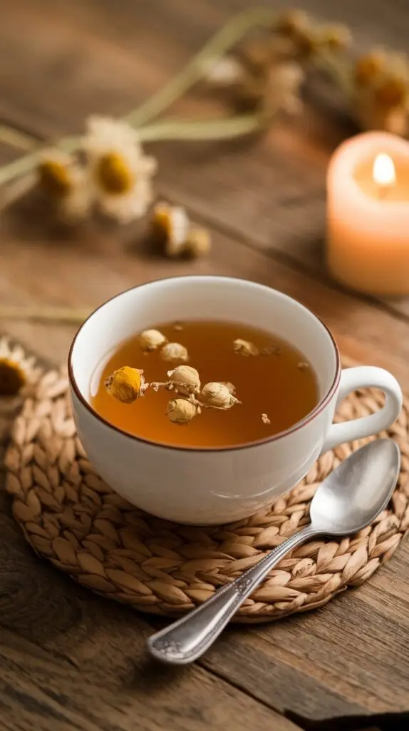 Cup of golden chamomile tea with dried flower buds on woven coaster with candle and dried flowers, representing calming rituals practiced in Blue Zones communities.