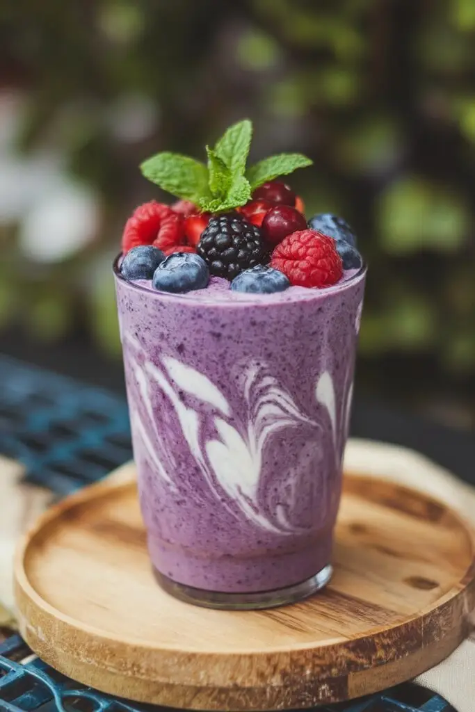 Purple berry banana smoothie in a glass with decorative white yogurt swirls, topped with fresh blueberries, raspberries, blackberry, and mint leaves, served on a round wooden coaster against a blurred natural background.