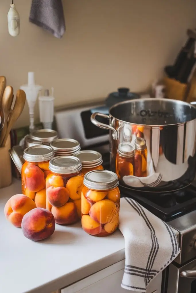 Overhead view of multiple jars of golden peach jam arranged on a wooden cutting board with fresh peaches, mint leaves, and a silver serving spoon, framed by yellow and pink color blocks.