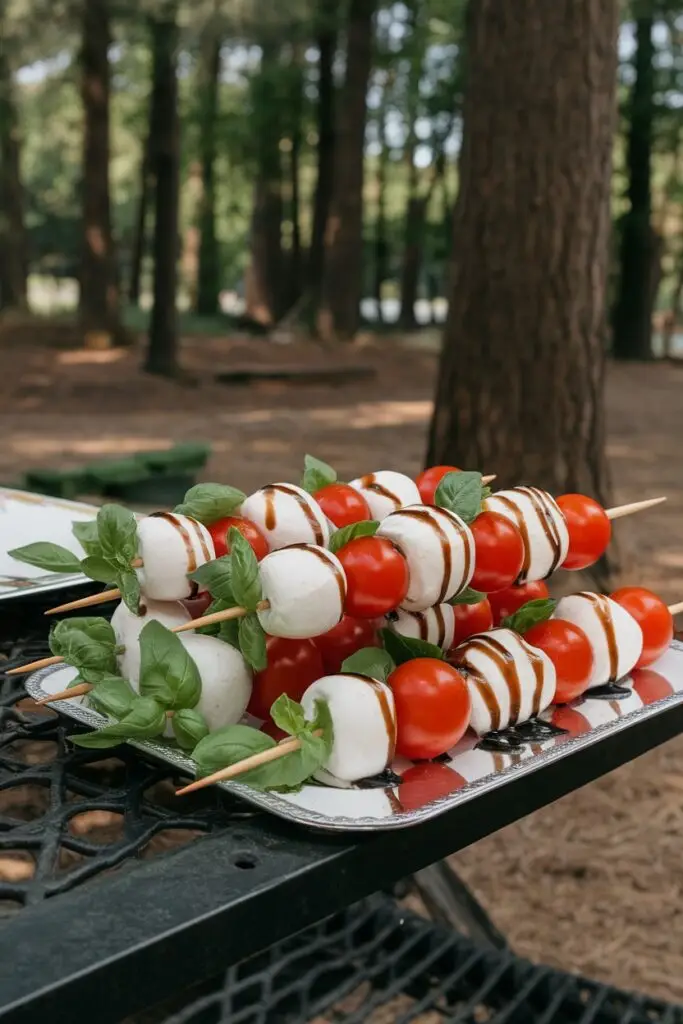 Fresh caprese skewers with cherry tomatoes, mozzarella balls, and basil, drizzled with balsamic glaze, served outdoors.