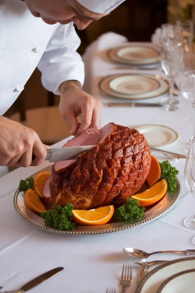 Chef in white uniform carving a diamond-pattern glazed ham on silver platter with orange slices and parsley garnish.