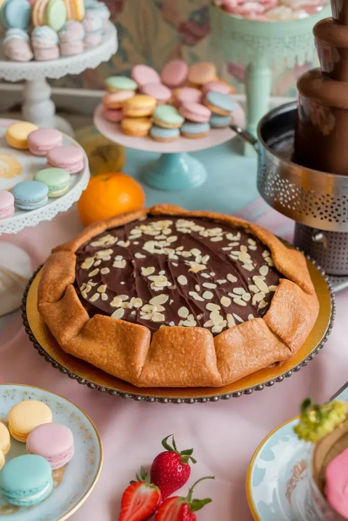 Decadent chocolate galette with sliced almonds, surrounded by colorful French macarons and strawberries, showcasing this French pastry in a festive dessert spread.