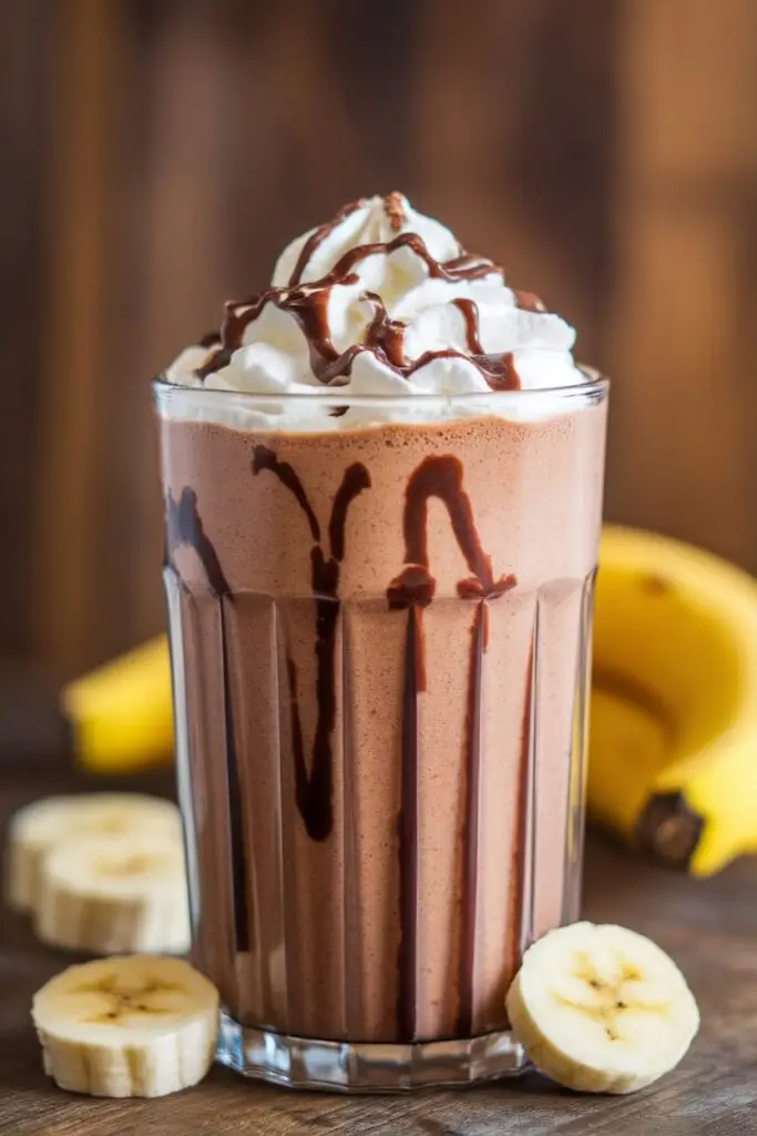 Chocolate banana smoothie in a tall ribbed glass with whipped cream and chocolate syrup drizzle on top, surrounded by sliced bananas and whole bananas in the background on a wooden surface.