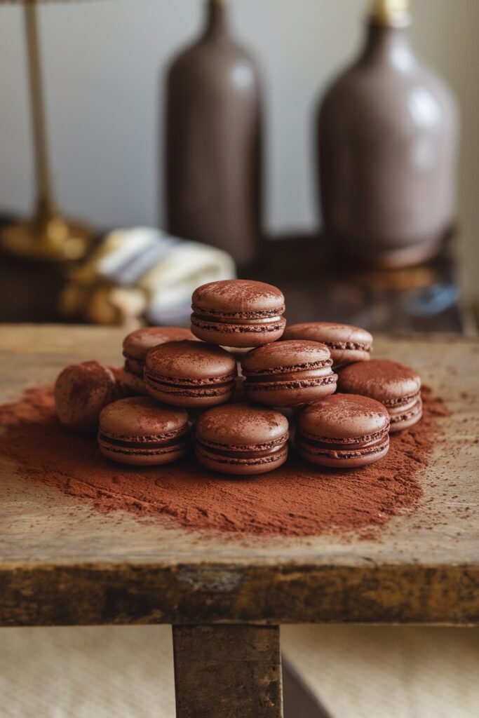 A pile of rich, chocolate ganache macarons dusted with cocoa powder on a wooden table.