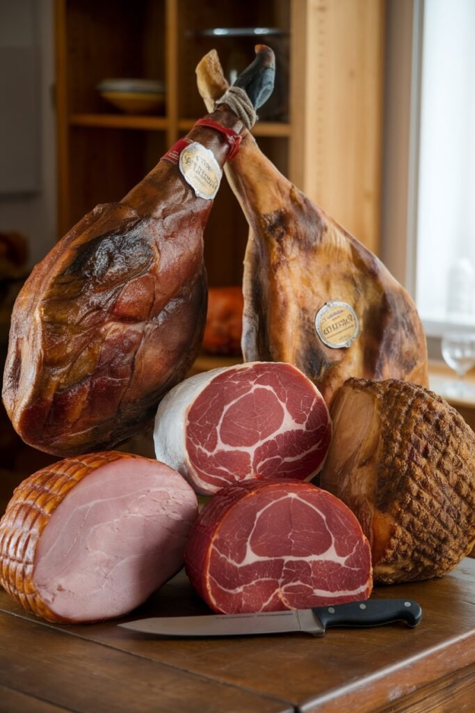 Collection of cured meats including ham, prosciutto legs with tags, and raw cuts displayed on wooden surface with knife.