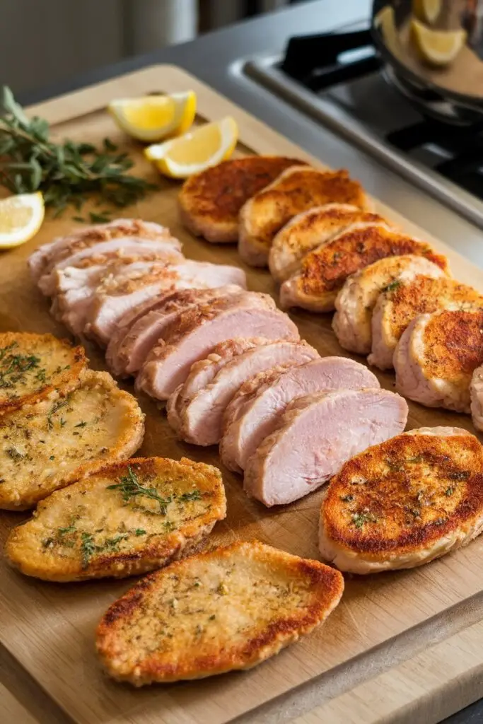 Preparation stages for Chicken Parmigiana recipe showing breaded cutlets, sliced chicken breast, and herb-seasoned medallions arranged on a wooden cutting board with lemon wedges and fresh herbs