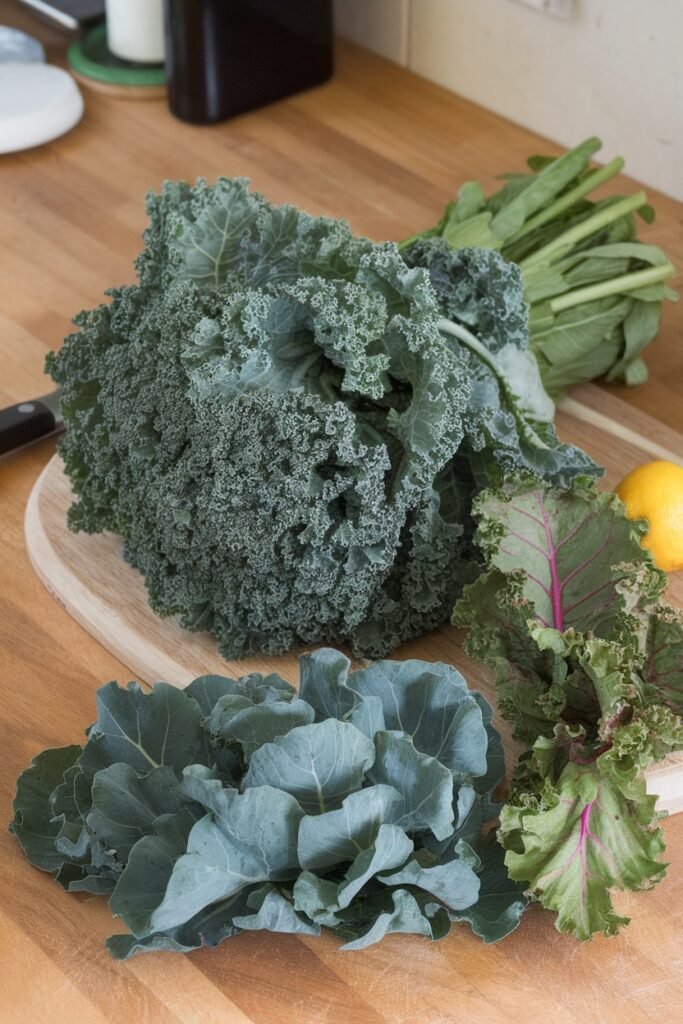 Assortment of fresh kale varieties including curly kale, dinosaur kale and rainbow chard on wooden cutting board with lemon, key ingredients for perfect kale smoothie recipes that outshine Easter ham recipes for health benefits.