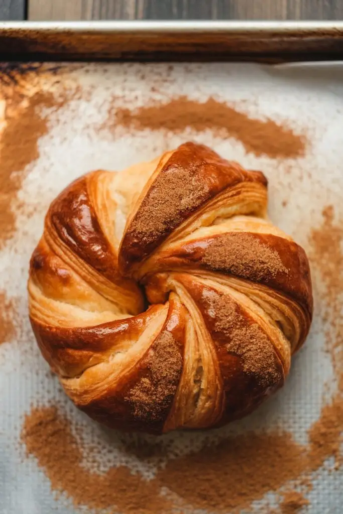 A cinnamon-dusted croissant shaped in a circular swirl pattern on parchment paper, with visible layers and a dusting of cinnamon surrounding it.