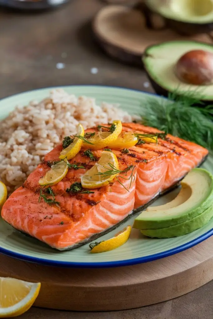 Salmon recipe featuring lemon-topped grilled salmon with brown rice, fresh dill, and sliced avocado on a blue-rimmed plate.