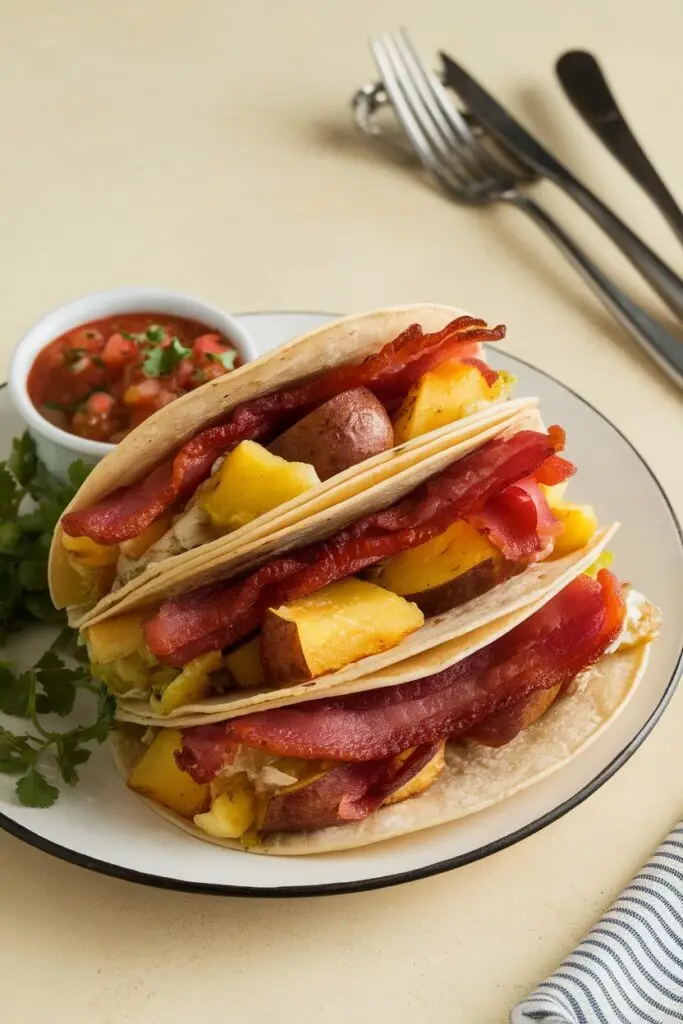 Breakfast tacos with bacon, potatoes and salsa on a white plate with silverware nearby.