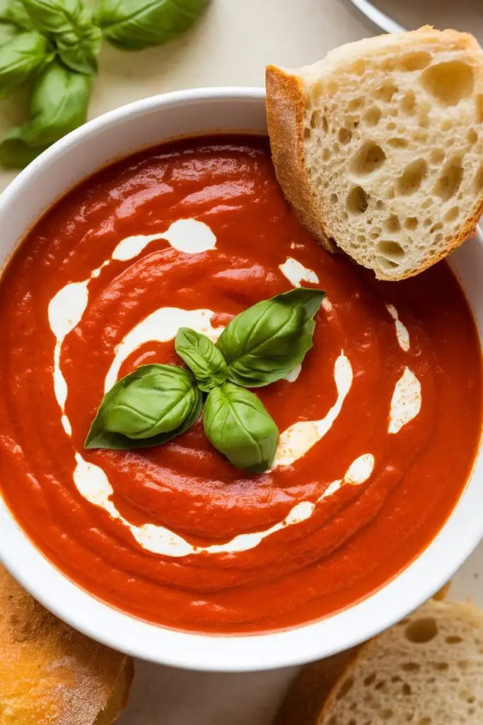 Smooth creamy tomato soup with white cream swirl and fresh basil leaves, served with a slice of crusty bread.