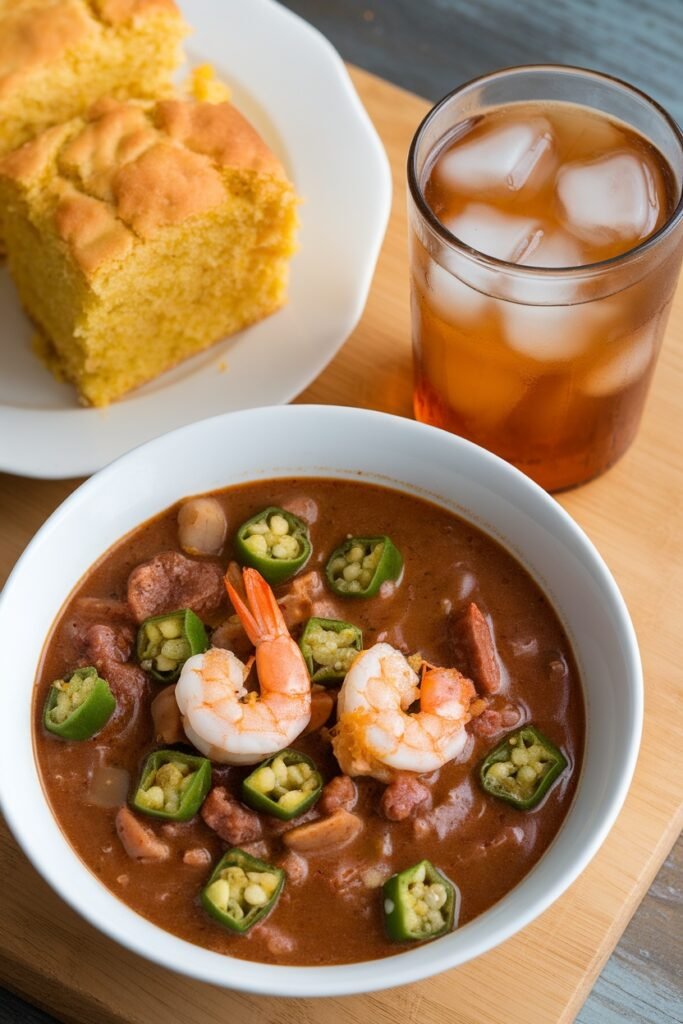 A bowl of seafood gumbo with shrimp and sliced okra, served alongside cornbread on a white plate and a glass of iced tea with ice cubes, all arranged on a wooden table.