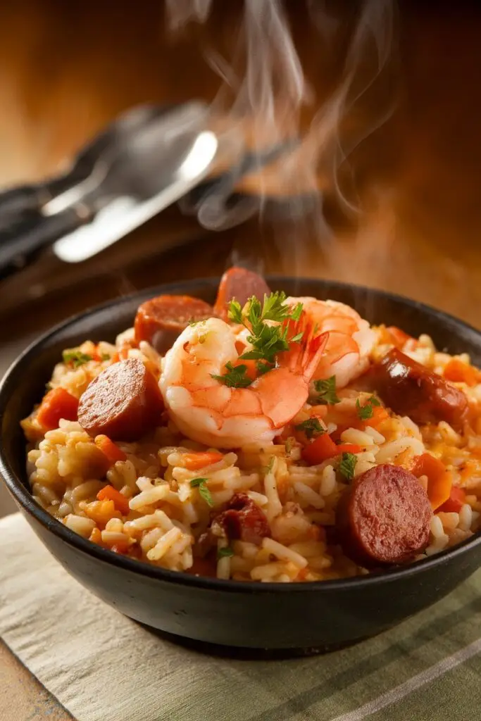 Steaming bowl of jambalaya with large shrimp, sliced sausage, and fresh parsley garnish, showing visible steam rising.