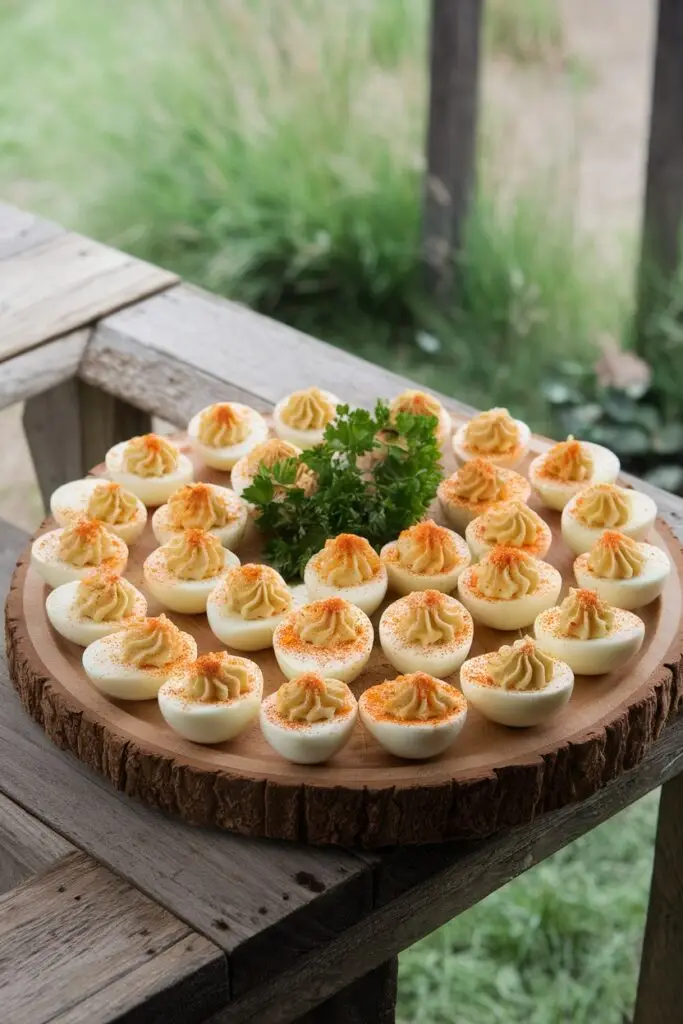 Large circular arrangement of classic deviled eggs with yellow piped filling and paprika sprinkle on a rustic wooden tree slice serving board, displayed outdoors with greenery in the background.