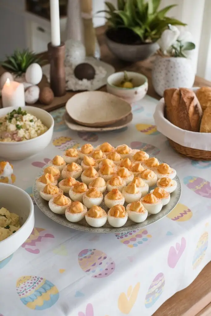 Platter of deviled eggs with golden-topped filling arranged on an Easter-themed tablecloth with bunny and egg patterns, accompanied by bread basket and spring table decorations.