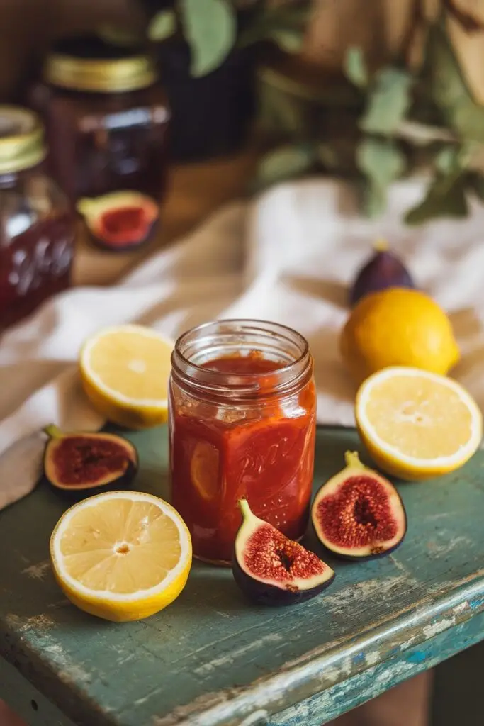 A mason jar of ruby-red fig preserves surrounded by fresh halved figs, lemon slices, and green leaves on a weathered teal blue wooden table, with additional jars visible in the background.