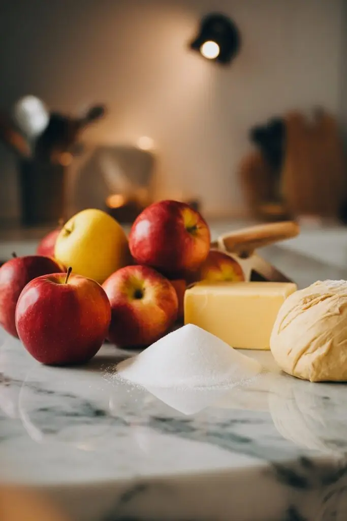 Raw ingredients for tarte tatin including red and yellow apples, a block of butter, granulated sugar, and a ball of pastry dough arranged on a marble countertop.