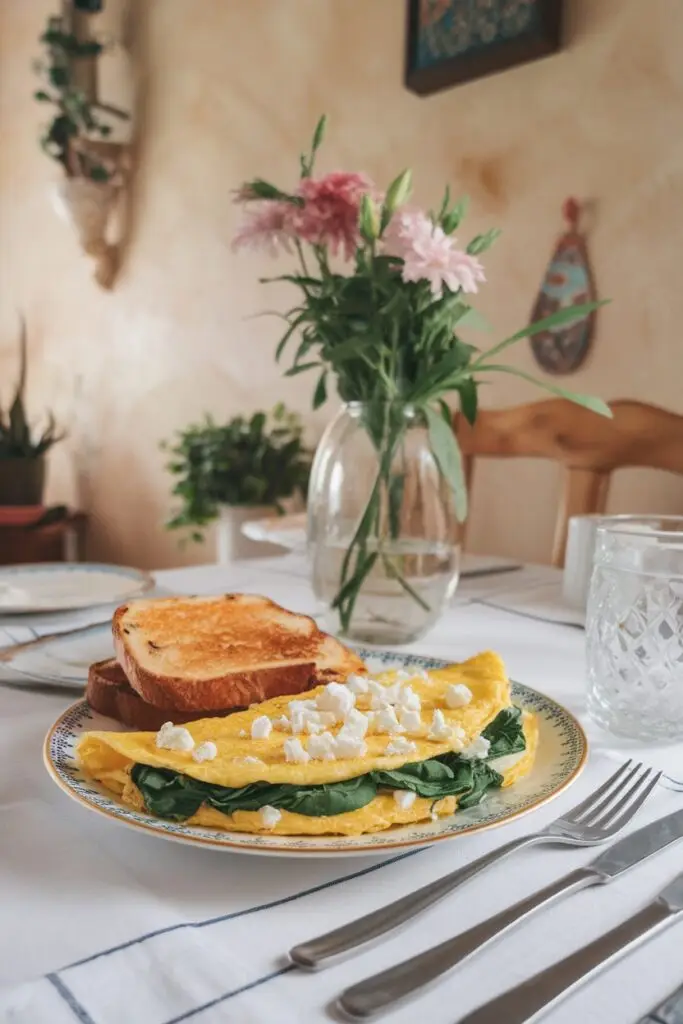 Breakfast bright yellow spinach and feta cheese omelet served with toast on a decorative plate, set on a white tablecloth with a glass vase of pink flowers in a cozy dining setting.