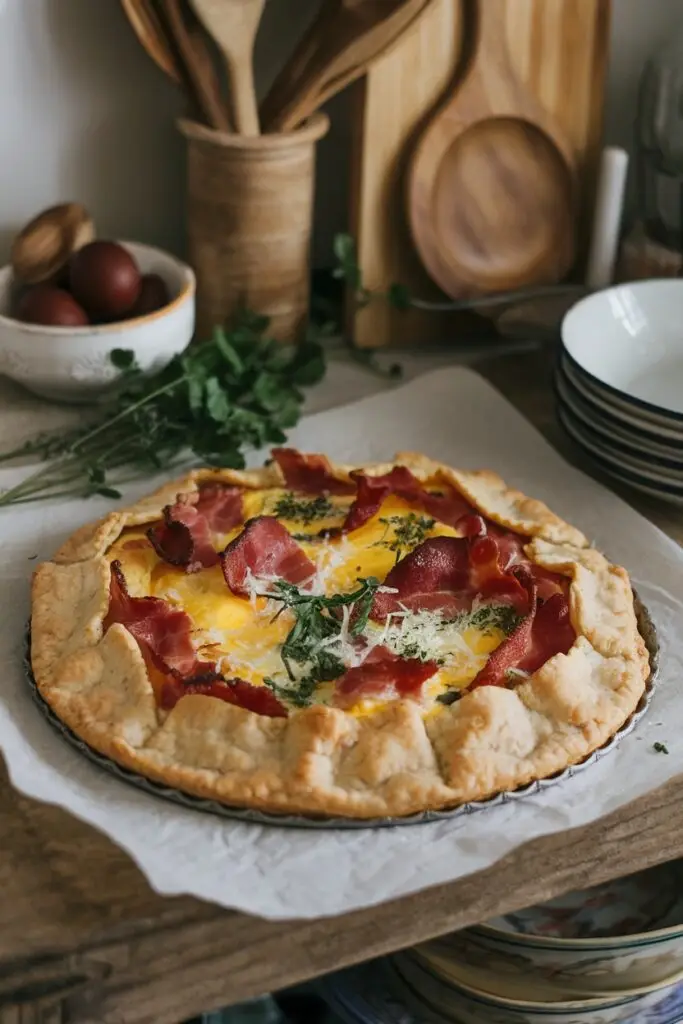 Savory breakfast galette with eggs, bacon and herbs on parchment paper, demonstrating how traditional French galettes can be adapted for morning meals.