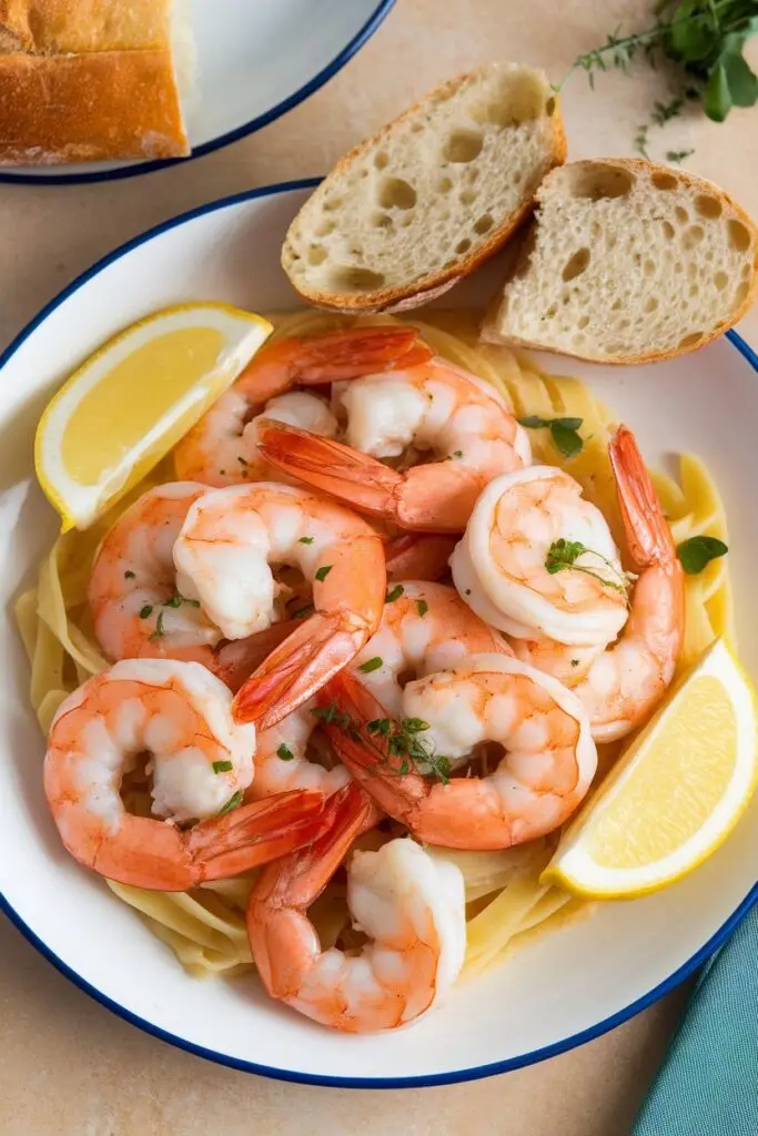 Classic shrimp scampi served over linguine pasta with bright lemon wedges and crusty Italian bread slices on a white plate with blue rim, a delicious Easter dinner alternative to traditional ham recipes.
