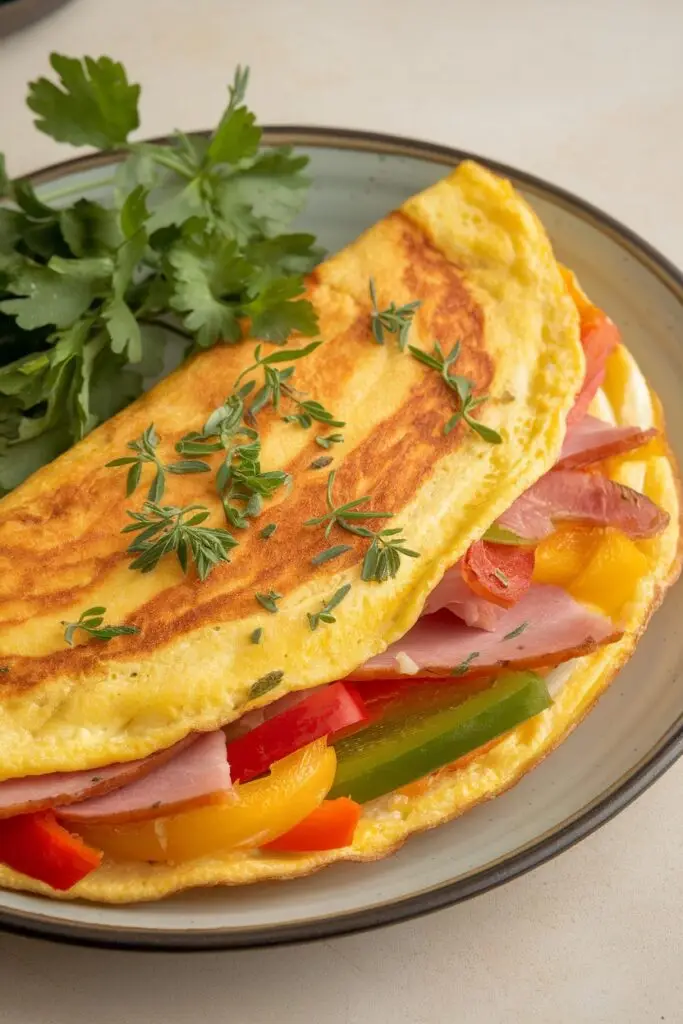 Beautifully plated Western omelette on a light blue rimmed plate, filled with colorful red, green and yellow bell peppers and ham, garnished with fresh herbs including thyme and accompanied by fresh cilantro.