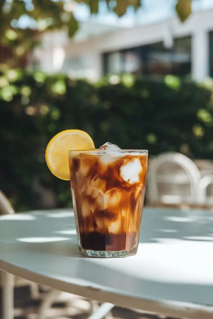 Glass of iced coffee with milk swirls and a lemon slice garnish, served on a white outdoor table with a blurred garden background.