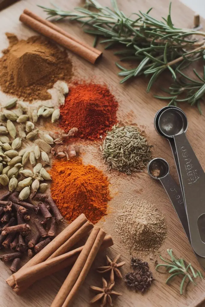 A wooden board displaying a variety of spices, including paprika, cinnamon, rosemary, star anise, and ground pepper, along with measuring spoons.