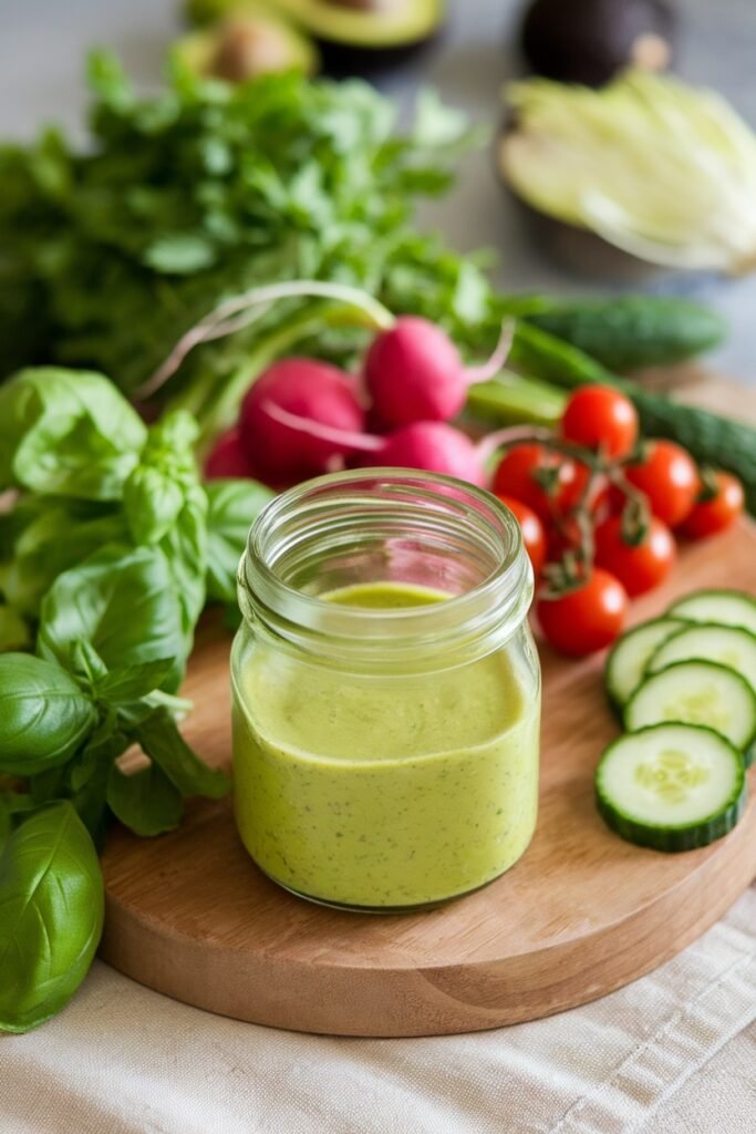 Glass jar of creamy green avocado dressing surrounded by fresh ingredients including basil leaves, red radishes, sliced cucumbers, and cherry tomatoes on the vine, all arranged on a round wooden cutting board.