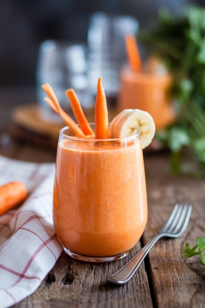 A glass of creamy carrot and banana smoothie, garnished with fresh banana slices and carrot sticks.