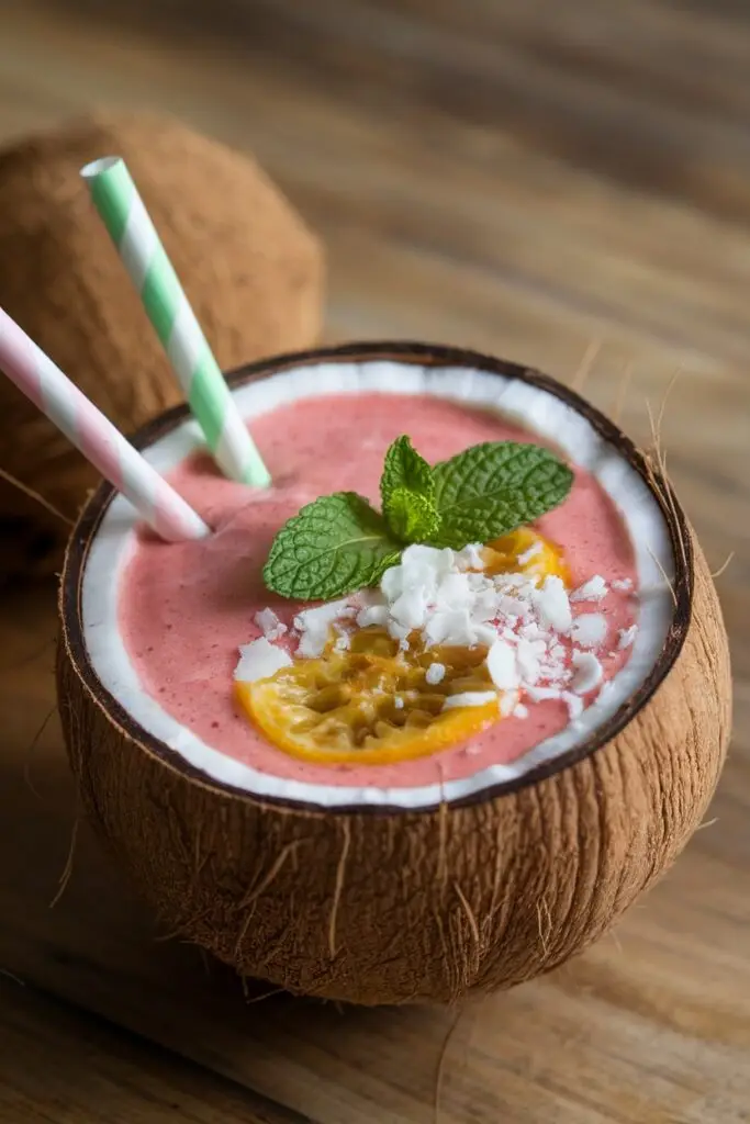 A pink passion fruit smoothie served in a coconut shell bowl, garnished with mint leaves, passion fruit pulp, and white coconut flakes, with colorful paper straws.