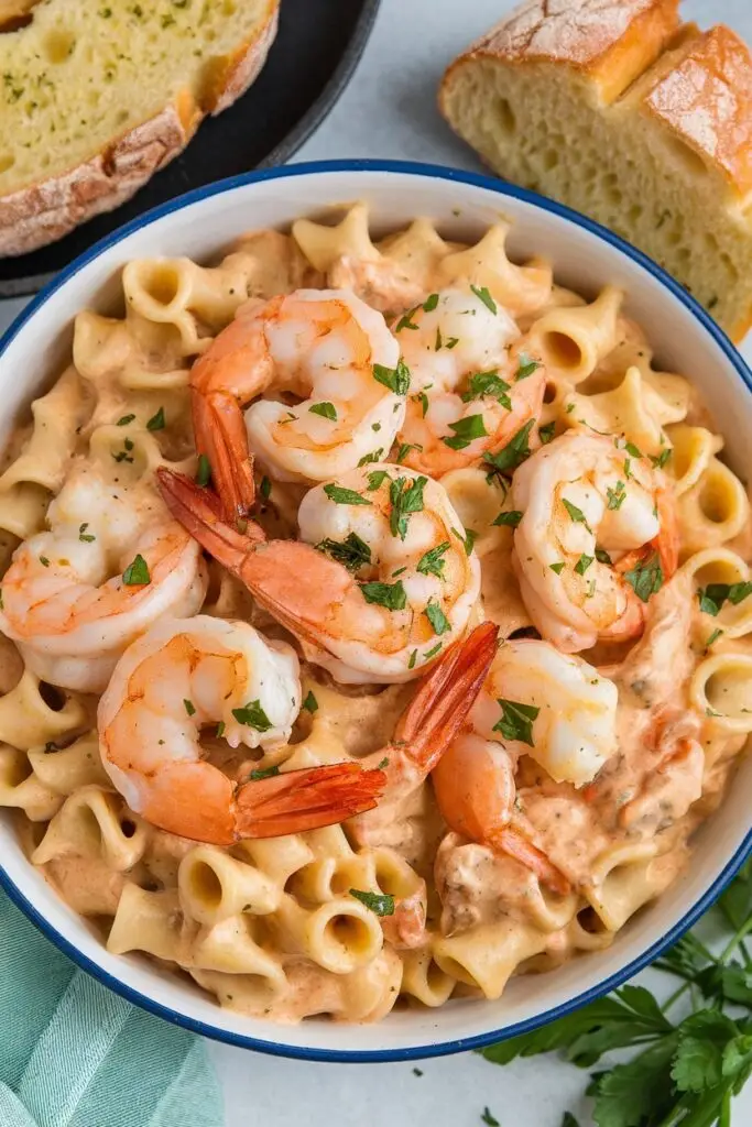 Creamy shrimp pasta featuring tender shrimp, al dente pasta shells, and rich sauce garnished with fresh herbs, served with crusty bread in a blue-rimmed bowl.