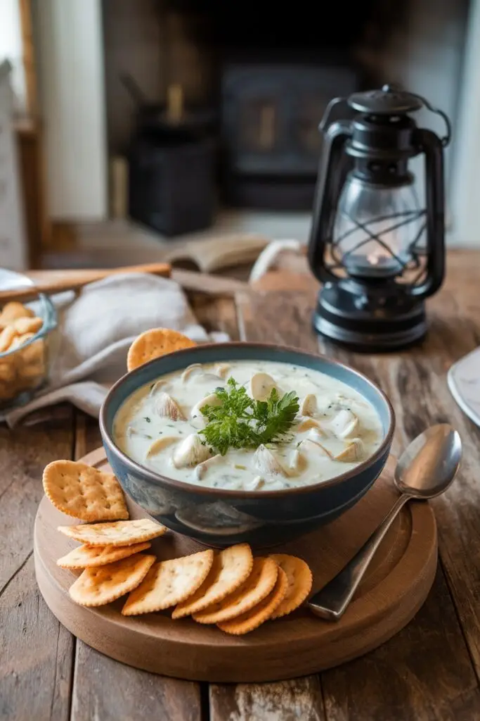 A hearty bowl of creamy clam chowder served in a navy blue ceramic bowl on a wooden circular board, surrounded by saltine crackers, garnished with fresh parsley, with a vintage oil lantern in the background creating a cozy, rustic atmosphere.