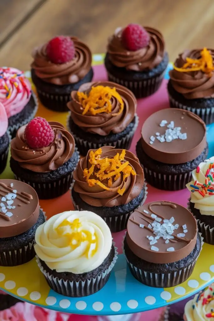 A platter of chocolate cupcakes with different toppings like raspberry and orange zest.