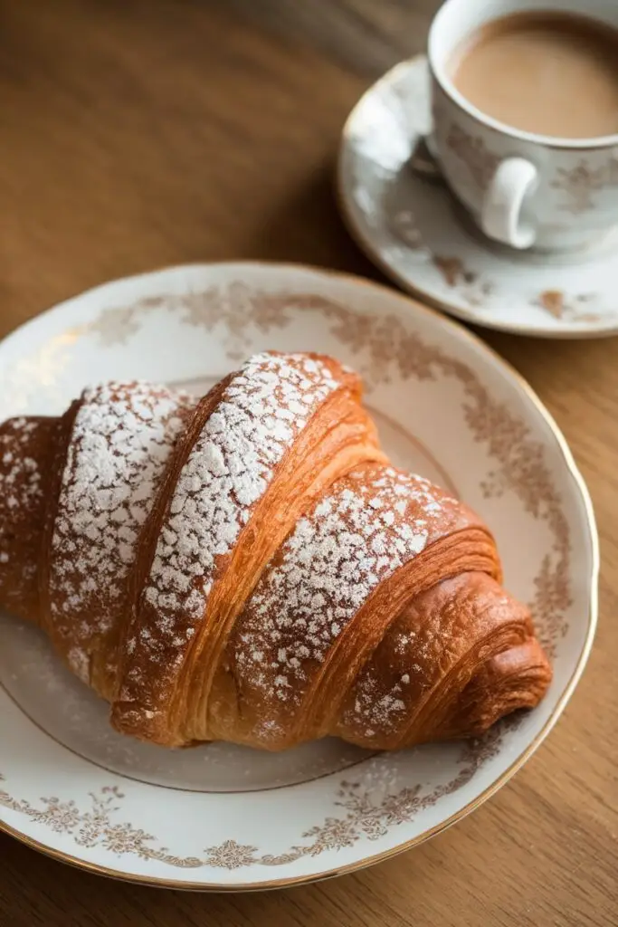 A classic croissant dusted with powdered sugar on a decorative vintage plate with gold trim and floral pattern, accompanied by a matching cup of coffee on a wooden table