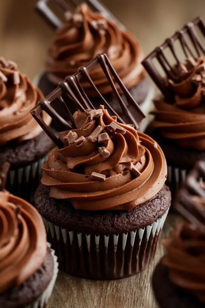 Chocolate cupcakes topped with rich ganache and decorative chocolate pieces.