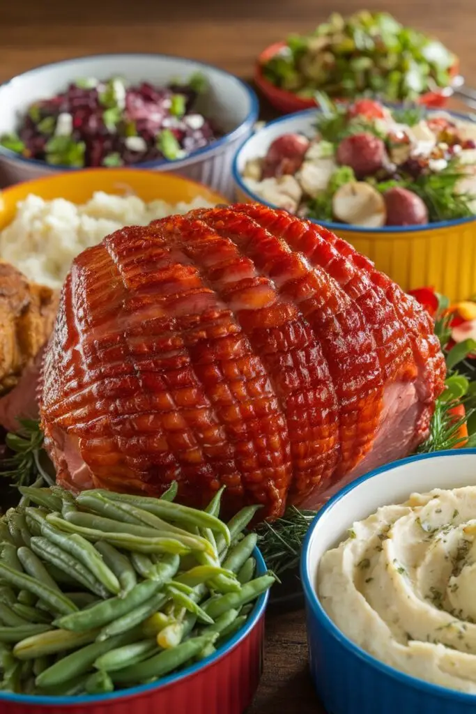 Diamond-pattern glazed ham surrounded by side dishes including green beans, mashed potatoes, and other vegetable dishes.